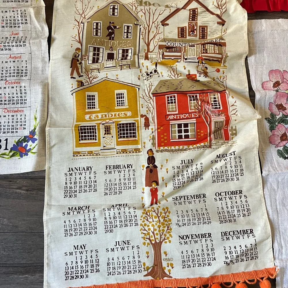 Lot 9 VTG 1980s Linen Calendar Towels Country Farmhouse Folk Kitchen Tea Towels - Picture 2 of 10